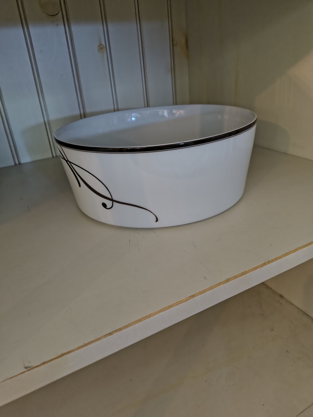 Mikasa Cocoa Blossom White Oval Serving Bowl with Black Scroll Accent